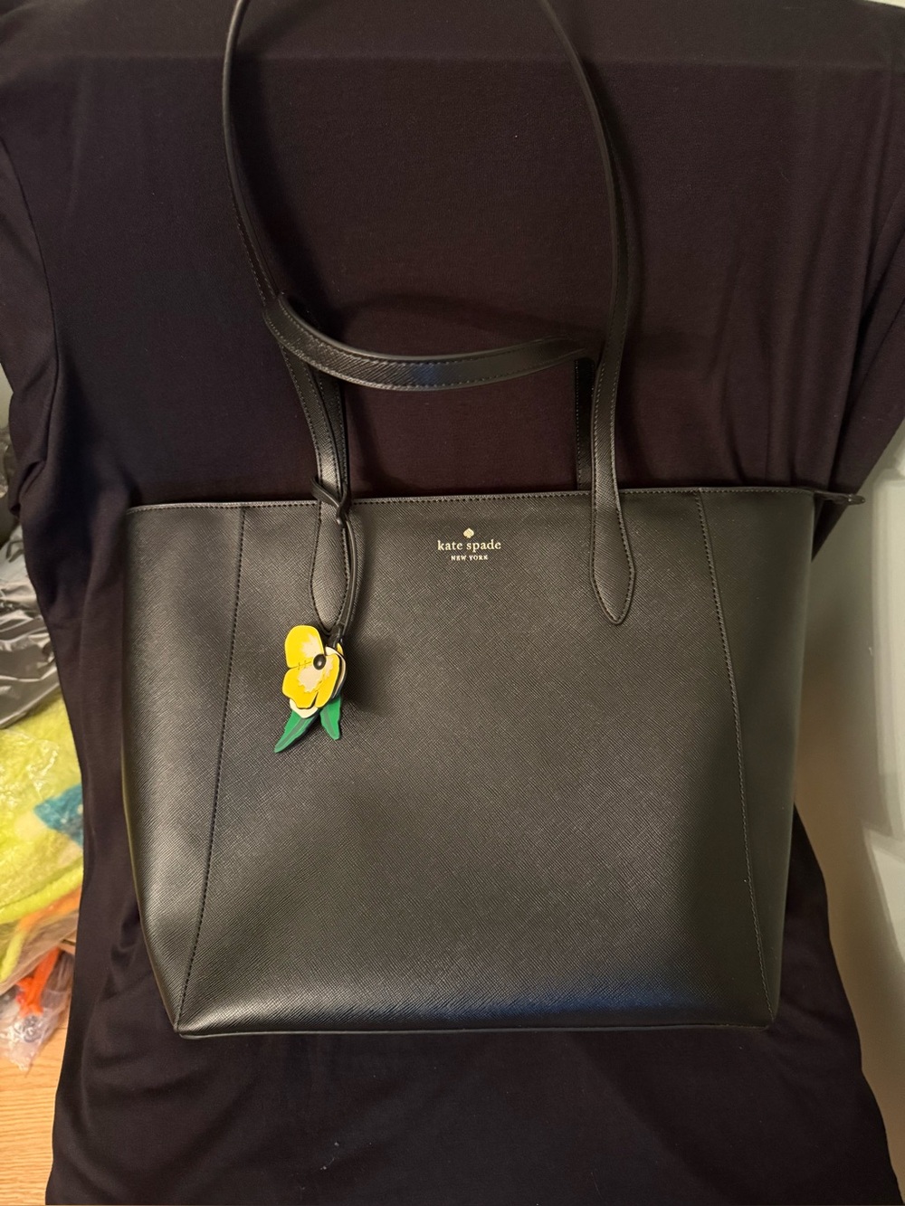 kate spade Black Leather Tote with Yellow Flower Charm